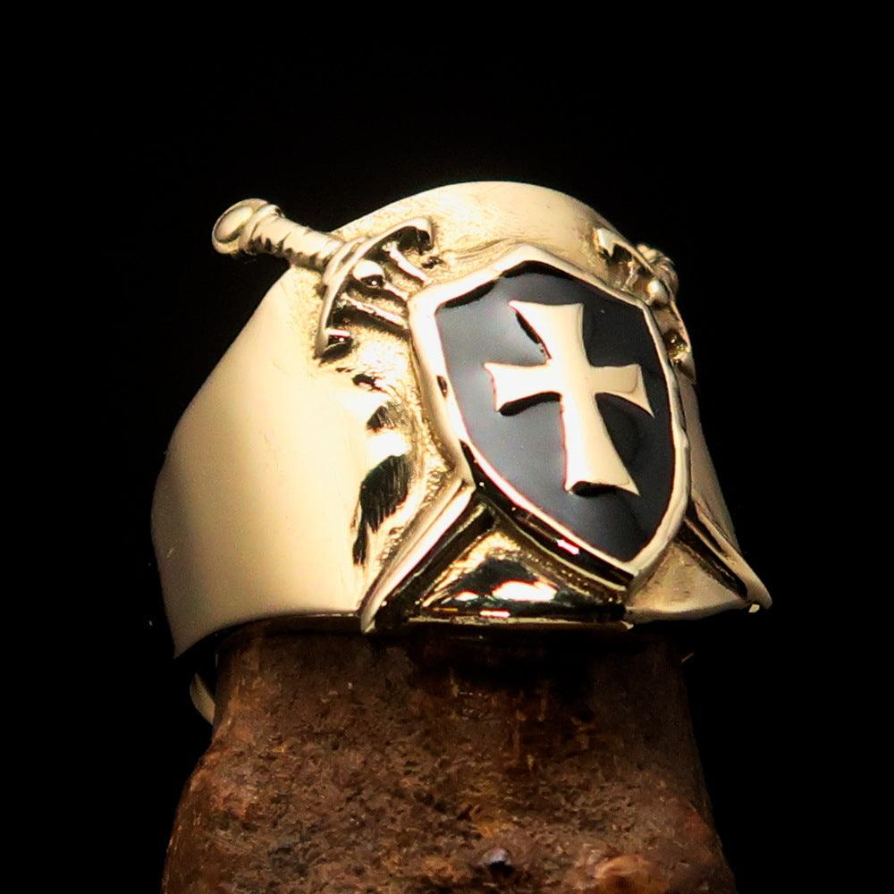 Crossed Swords Men's Knights Templar black Cross Ring made of solid brass with a high polished finish and black enamel detailing.